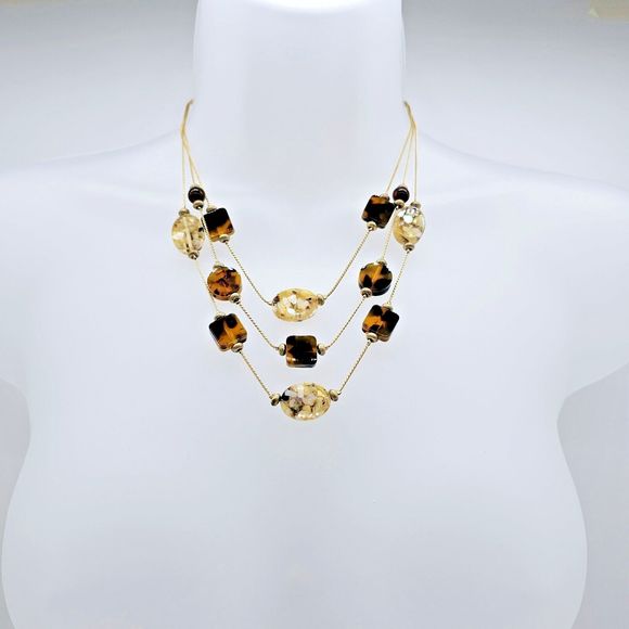 Abalone Chip Station Necklace Faux Tortoise MOP Multi Layer Statement Jewelry - Picture 9 of 10